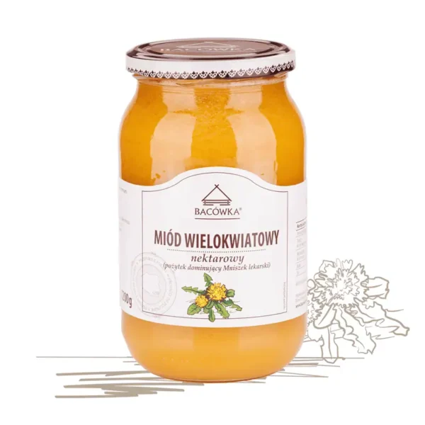 Miód wielokwiatowy mniszek lekarski 1200g BACÓWKA